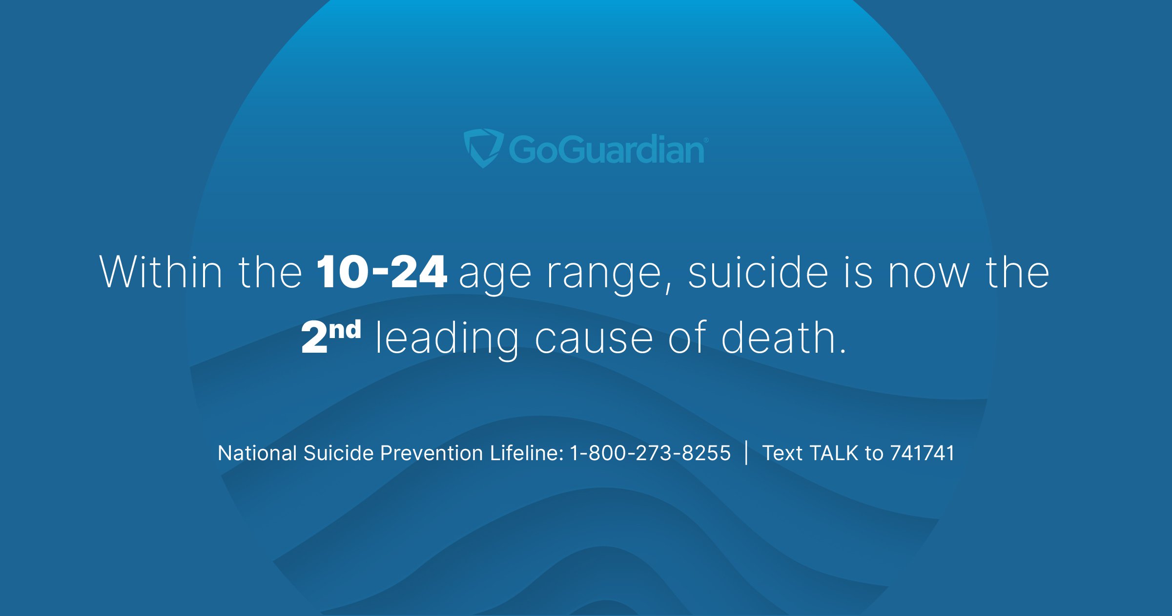 A blue graphic that reads "Within the 10-24 age range, suicide is now the second leading cause of death" and includes the National Suicide Prevention Lifeline number 1-800-273-8255