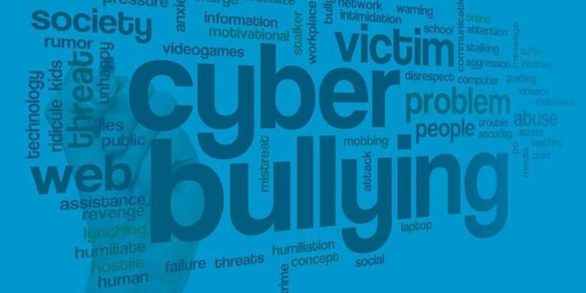 The words "Cyber Bullying" in bold print surrounded by other smaller words associated with cyber bullying