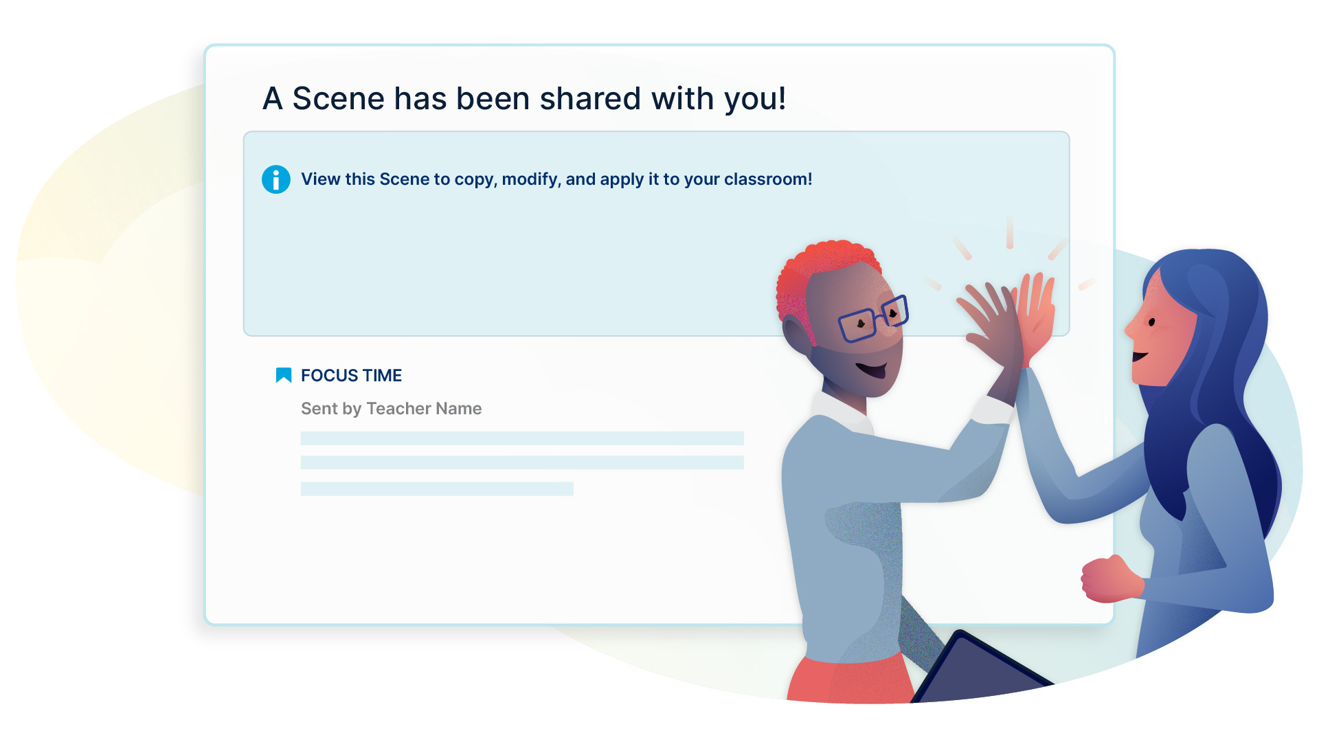 An illustration of two teachers giving each other a high-five in front of a Scenes dashboard