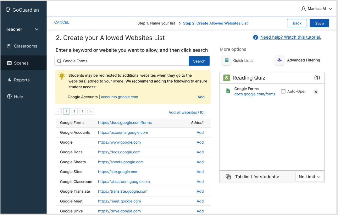GGT Allowed Websites list on Scenes