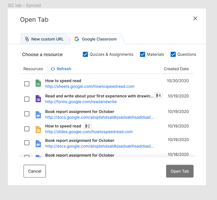 Open Tabs on the Google Classroom interface