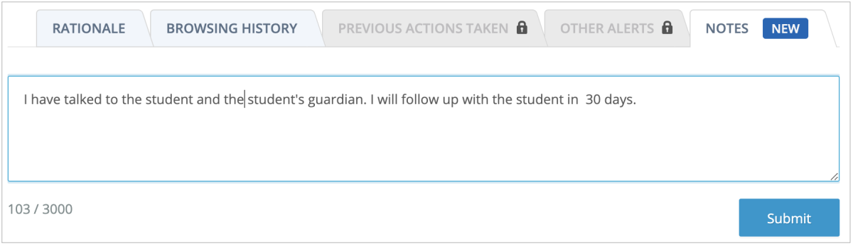 A note written by a person following up on an alert