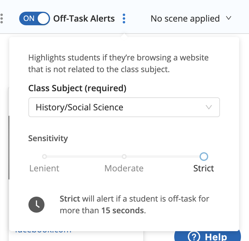 The Off-Task Alerts Sensitivity screen