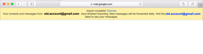 A Gmail "Import Complete" prompt.