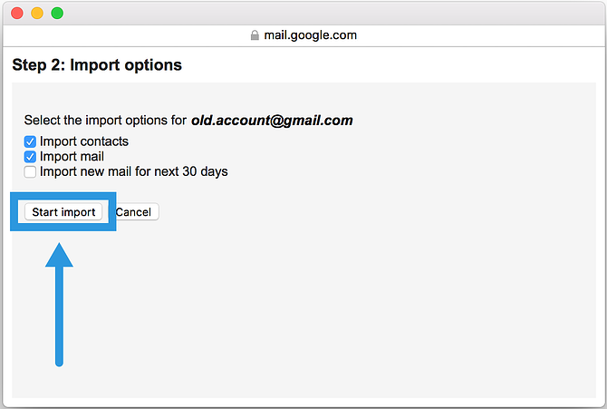 A Gmail menu has "Start Import" highlighted.