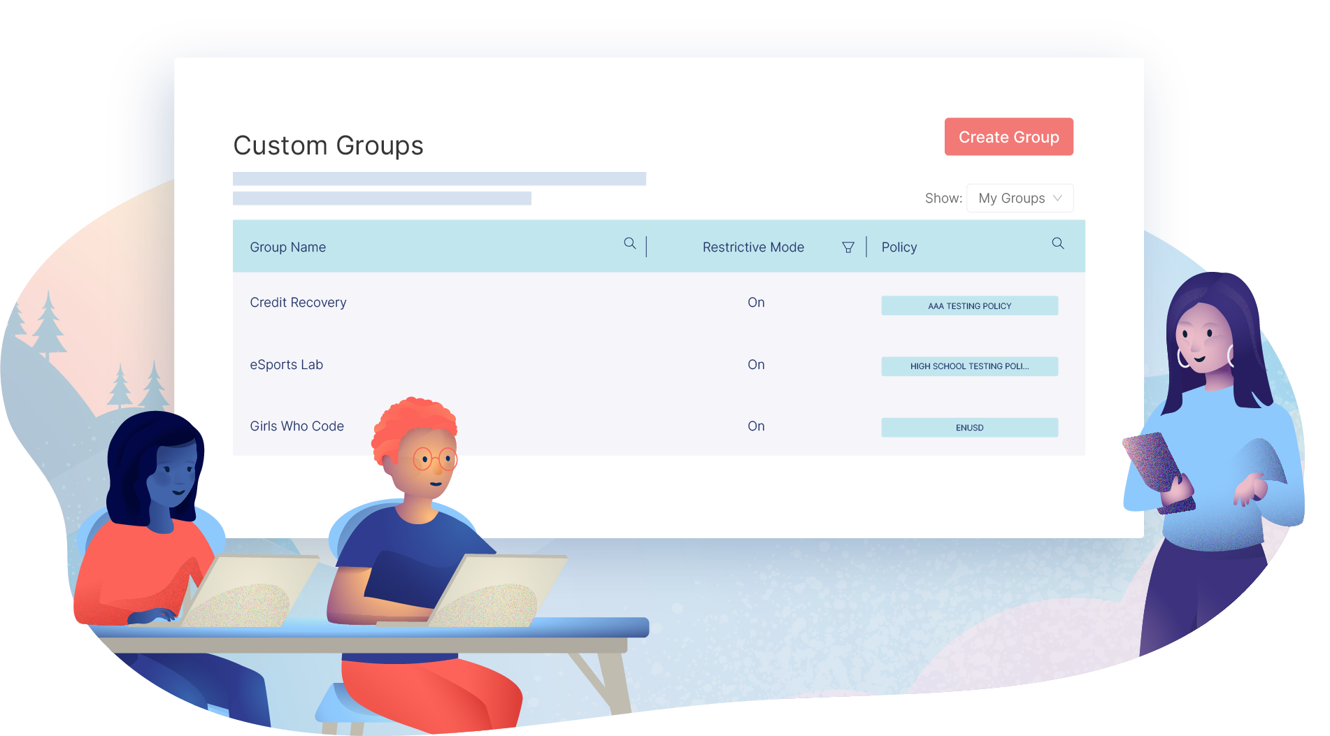An illustration of students and a teacher over a custom groups screen interface
